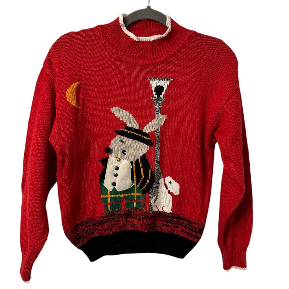 Vintage 90s Dapper Bunny Rabbit Dog Lamppost Moon Red Juniors Sweater Fashion S